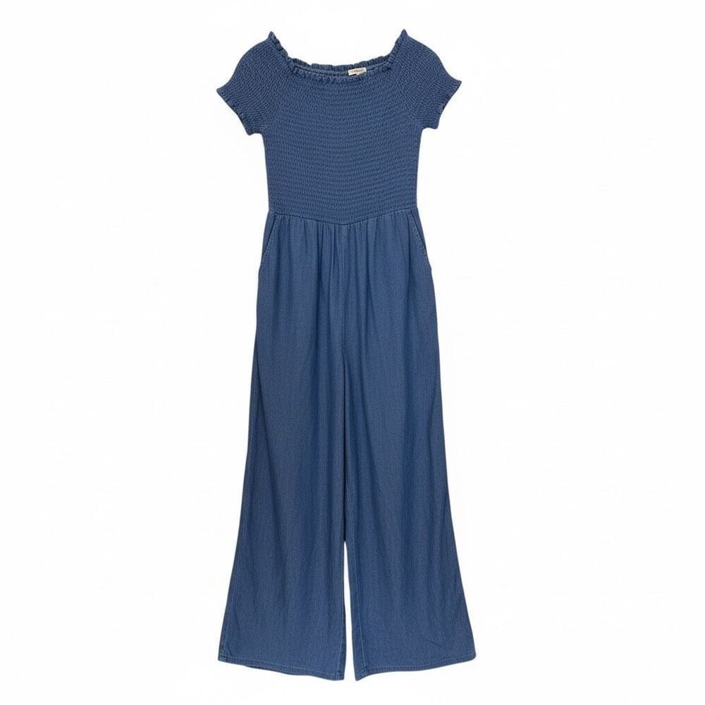NWOT Blue Rain Ellison Smocked Chambray Off the Shoulder Jumpsuit Blue‎ Sz Small